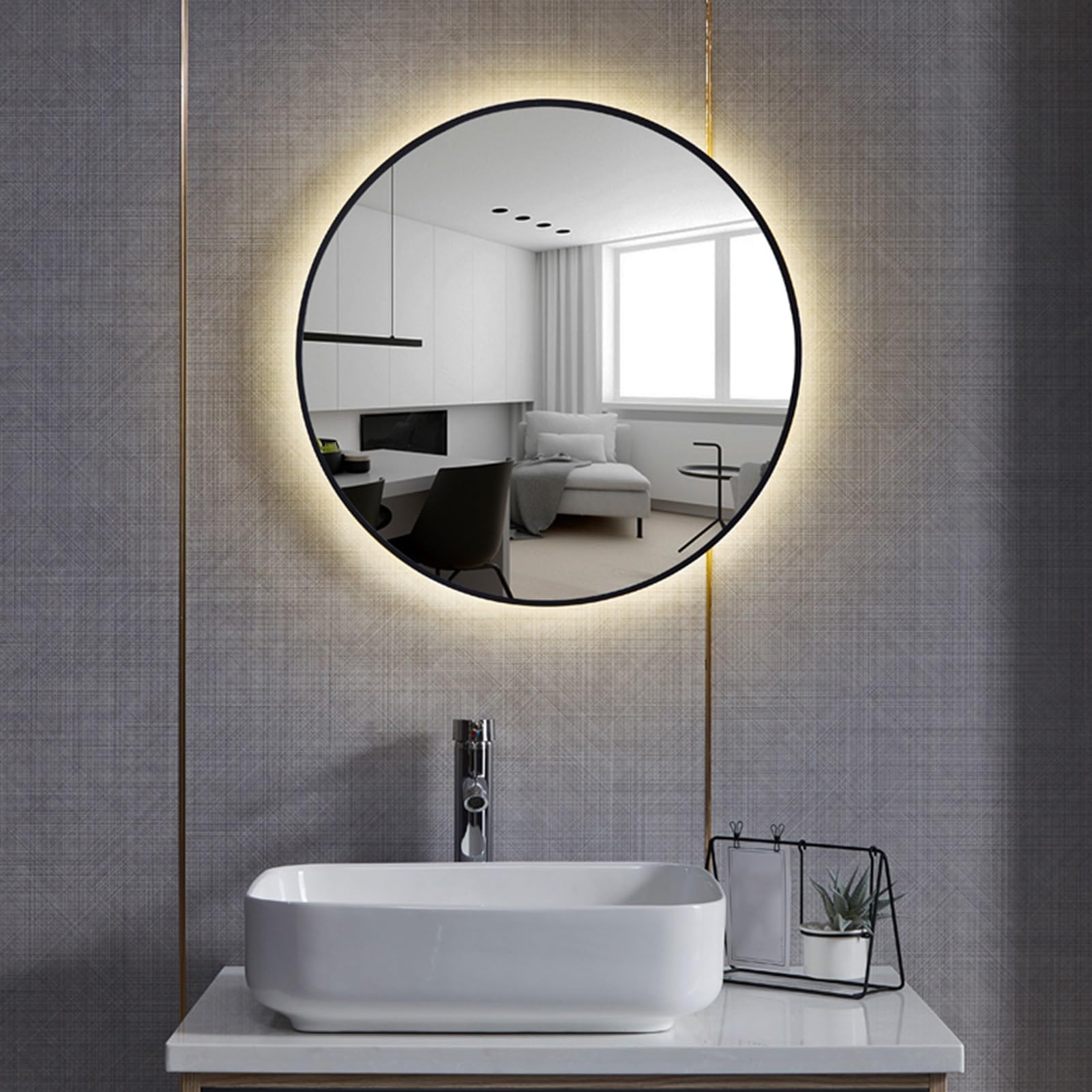 Miroir de salle de bain avec éclairage LED rond suspendu smart touch noir