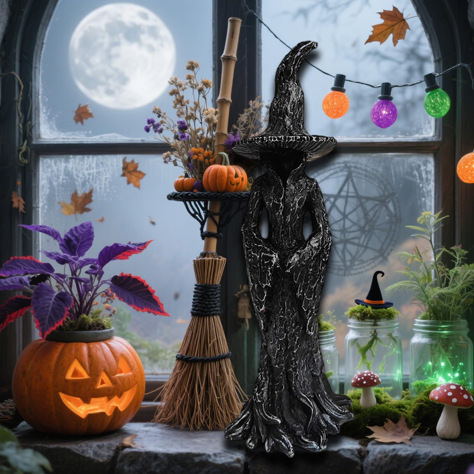 Sorcière d'Halloween en résine sur l'étagère du salon, ambiance rétro et fantaisie sombre