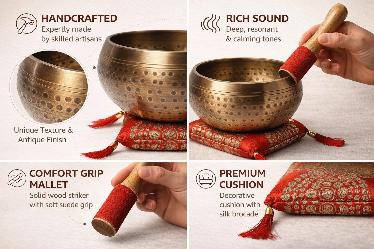 KPAVIR Hand-Hammered Tibetan Singing Bowls Set Musical Instrument for Meditation with Stick and Cushion (Gold) 2