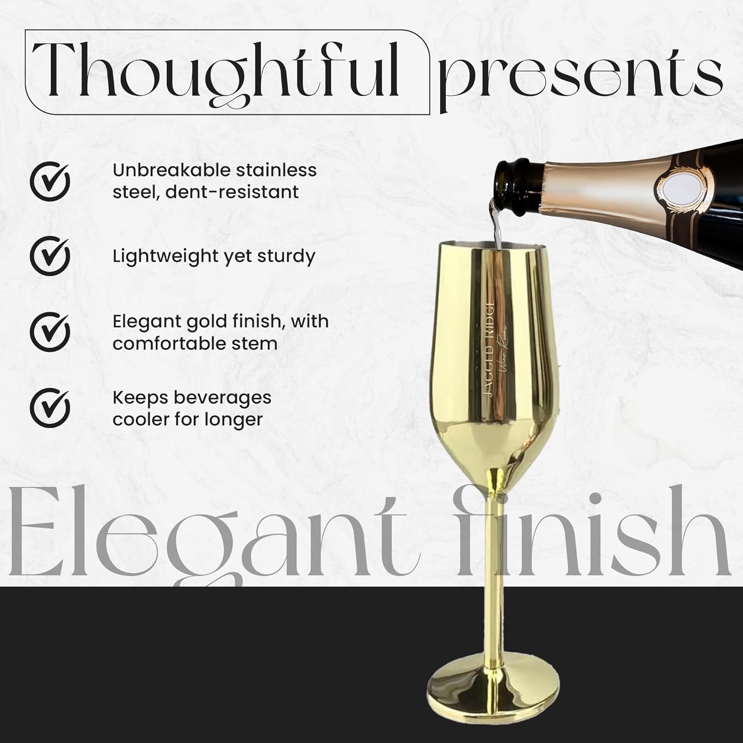 Jagged Ridge Wine Rooms Stainless Steel Champagne Flutes (Handwash Only) - Classy Steel Champagne Glass for Parties, Picnics & Special Occasions - Crafted for All Wine Enthusiasts - Set of 4 (Gold)