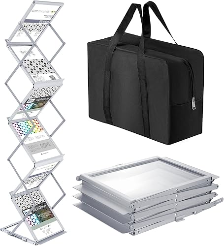 Miniatura 1 de Tatuo Estante plegable para revistas, catálogo de metal, portátil, 6 bolsillos con bolsa de transporte, soporte de aluminio para folletos, soporte