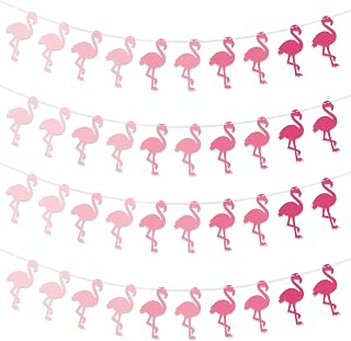 Haooryx Summer Flamingo Banner Garland - 4Pcs Pink Flamingo Hanging Banner Pre Strung Garland Girls Birthday Graduation Party Hanging Decoration Home Middle School Classroom Wall Photo Props Backdrop