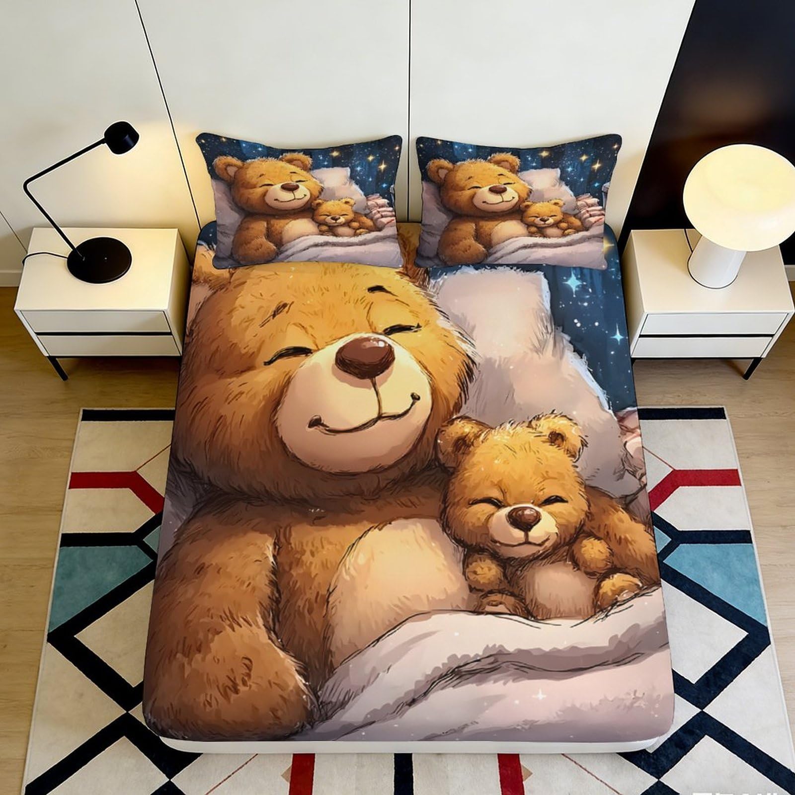 3D Printed Cartoon Teddy Bear Fitted Sheet Microfiber Deep Pocket Non-Slip Bedroom Bedding Teddy Bear Mattress Fitted Cover Home Washable 200x200x25cm