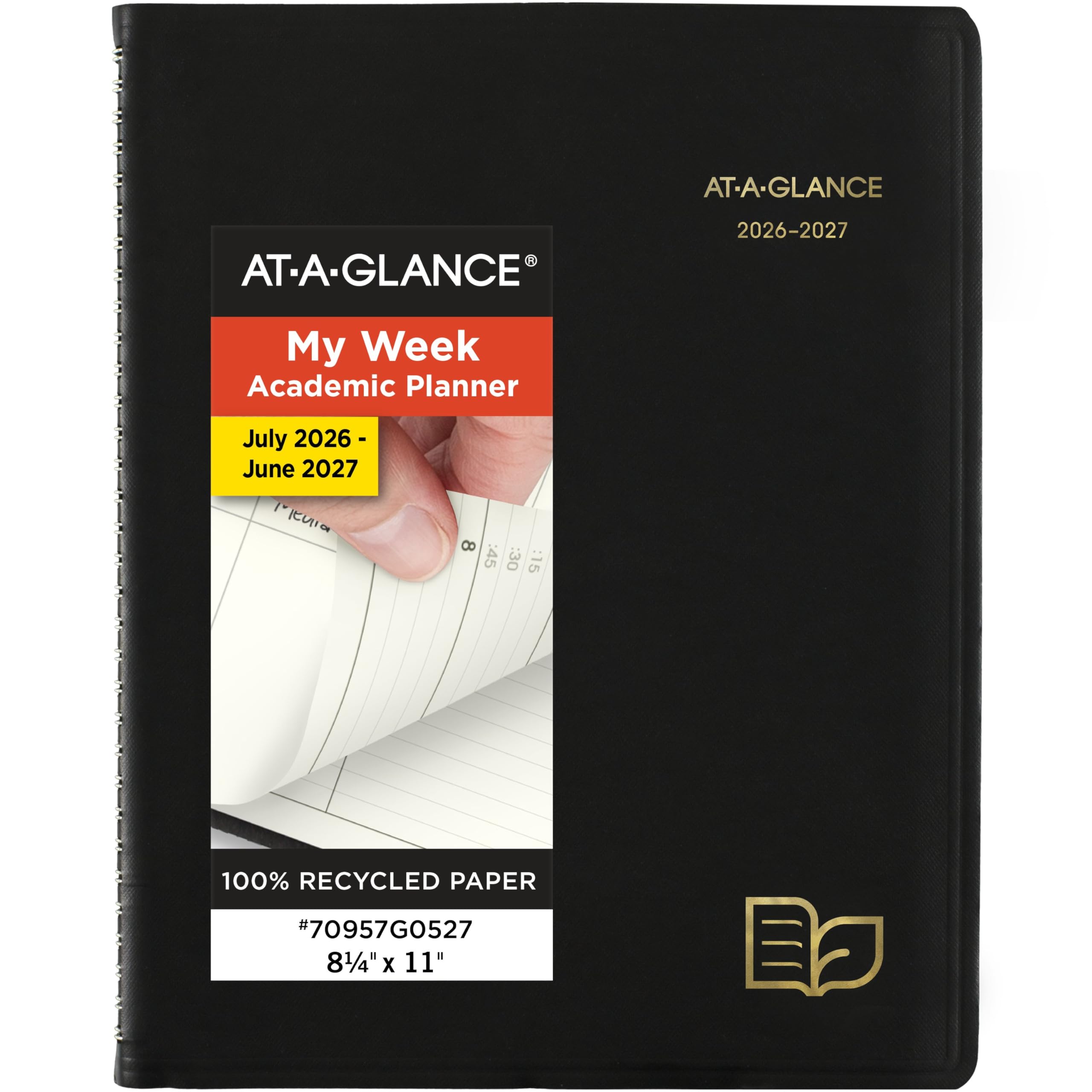 Photo 1 of AT-A-GLANCE Planner 2026-2027 Weekly & Monthly Academic 12-Month July-June Quarter-Hourly Appointment Book, 8-1/4" x 11", Recycled, Black (70957G05)