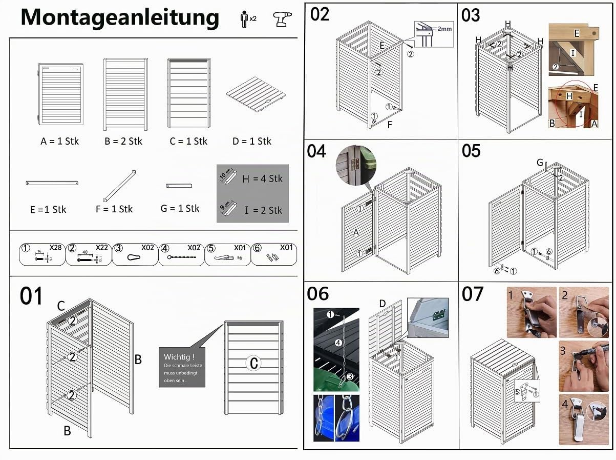 Mülltonnenbox Adria24 Mülltonnenverkleidung für 1 Tonne Mülltonnecontainer Holz naturbelassen 120L - 240L vormontiert mit Rückwand