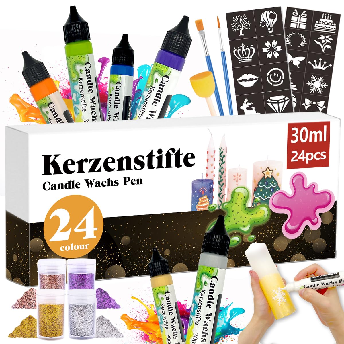 30ml Kerzenstifte Wachsstifte mit Feiner Glitzer Gold Silber Kerzen Bemalen Set Candle Wachs Pen für Ideal zum Kerzen Dekorieren & Gestalten Kerzenfarbe (24-Farben)