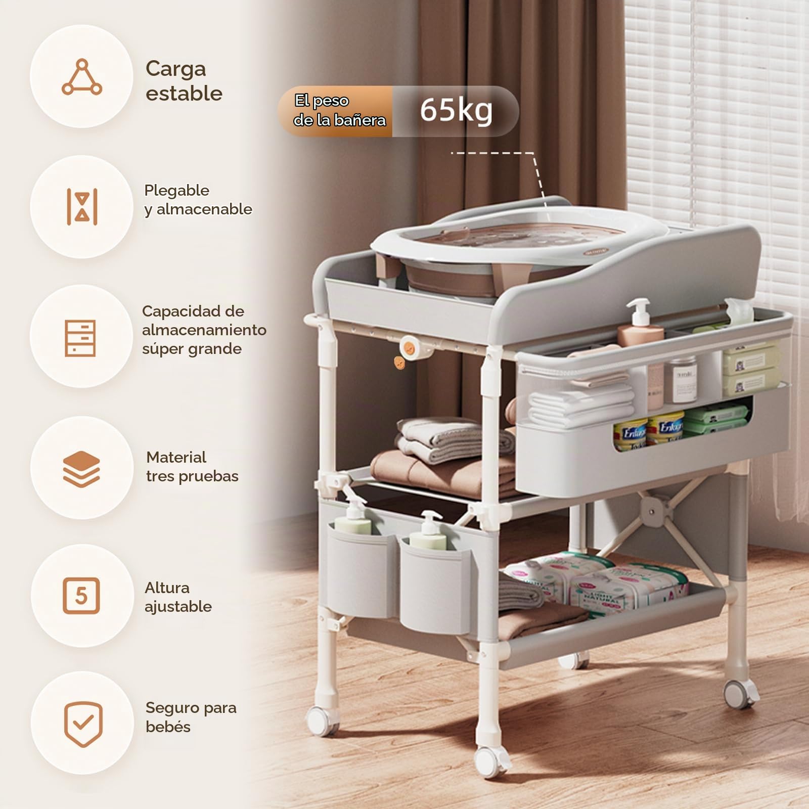 Cambiador Bebé, Cambiador bebe Plegable Portátil con Cesta Lateral, Altura Ajustable de 5 niveles, Ruedas Bloqueables, Organizador Multifuncional para Habitación Infantil, Carga 65kg (Gris)