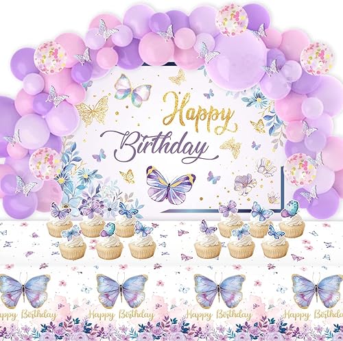 Miniatura 1 de Decoración de fiesta temática de mariposa morada y rosa para niñas, kit de guirnalda de globos de cumpleaños de mariposa, pancarta temática de