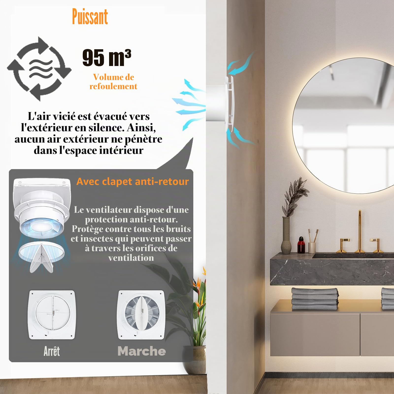 Extracteur dair 100mm, Ventilateur de Salle de Bain avec Capteur d'Humidité et Minuterie, Ventilateur d'Extraction Silencieux ≤34dB (Clapet Anti-Retour, Débit 95m³/h) pour bain, WC, cuisine