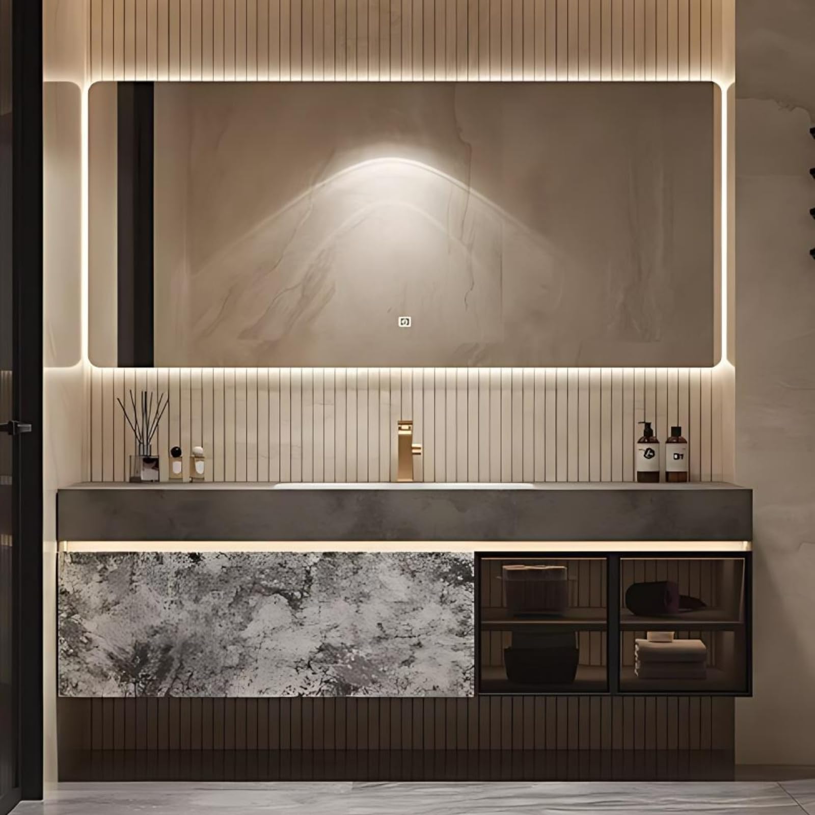 - Modern Bathroom Vanity, Floating Vanities with Human Body Sensor Light Strip, Bathroom Furniture, Smart Defogging Mirror, Glass Side Cabinet (Mirror, 52IN)