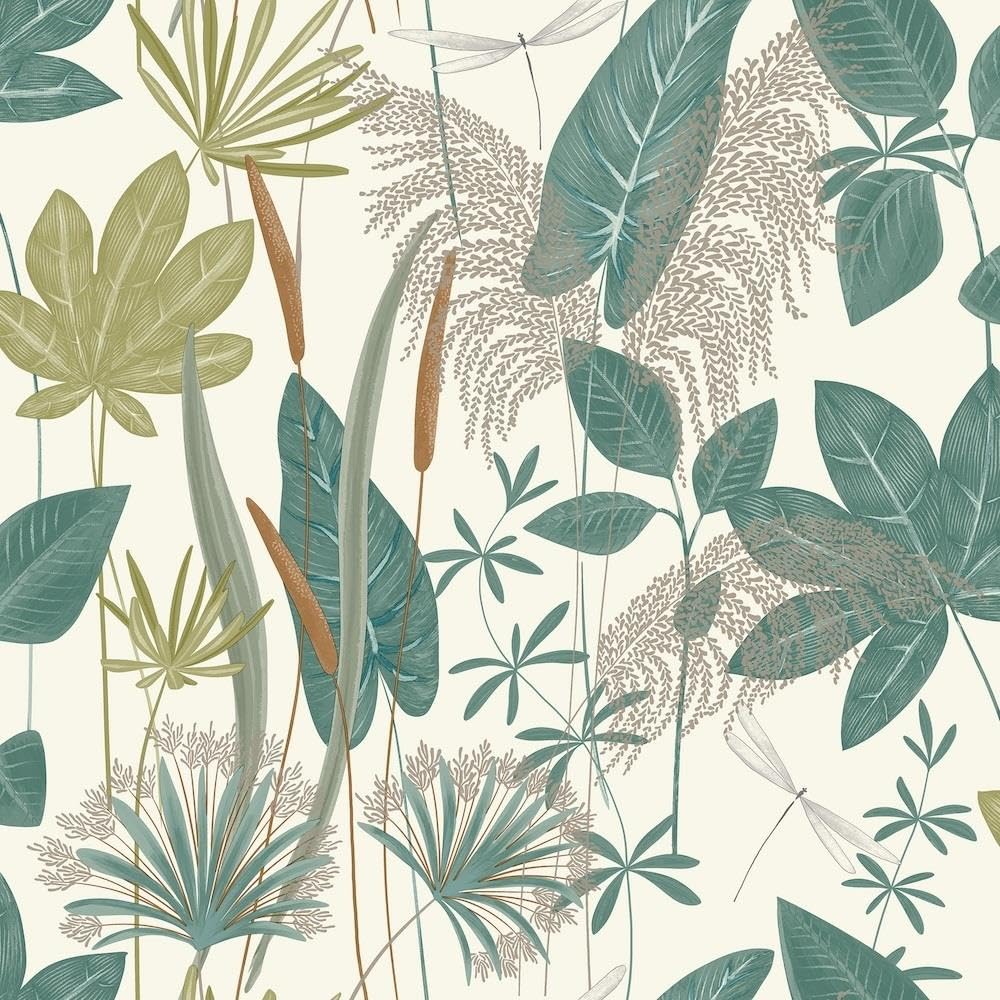 Yöl Green/Gold Dragonfly Garden Wallpaper - Botanical Leaves Naturistic Metallic Effect - Textured Paste The Wall Vinyl