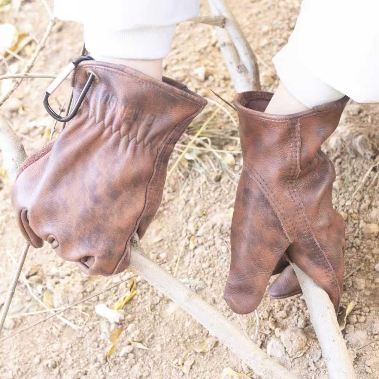 Guantes de trabajo de cuero para hombre, guantes de cuero vacuno auténtico, ideales para construcción, trabajo al aire libre (marrón, L)