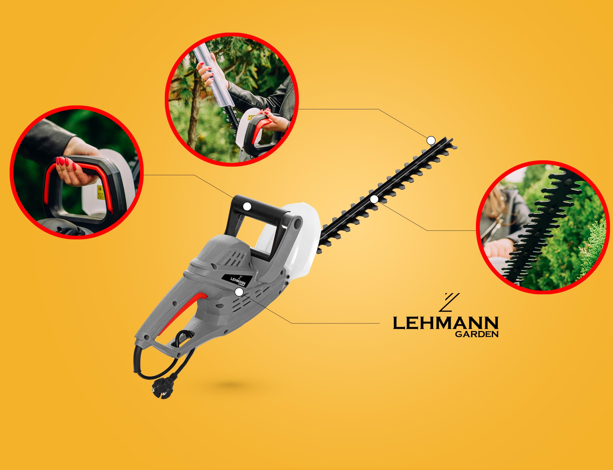 LEHMANN Taille-Haies électrique 1500 W, Lame 45 cm, 16 mm, 2,1 kg, Gris