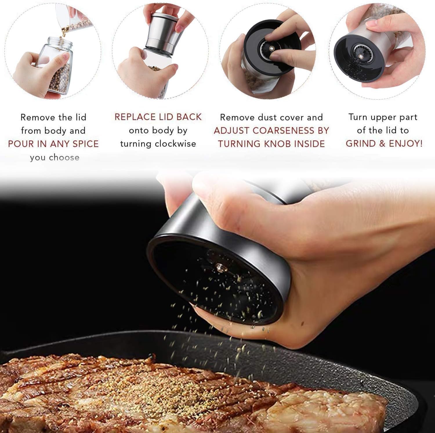 Stainless Steel Salt & Pepper Grinder Set - Adjustable Coarseness -4 Stainless Steel Salt & Pepper Grinder Set - Adjustable Coarseness -4
