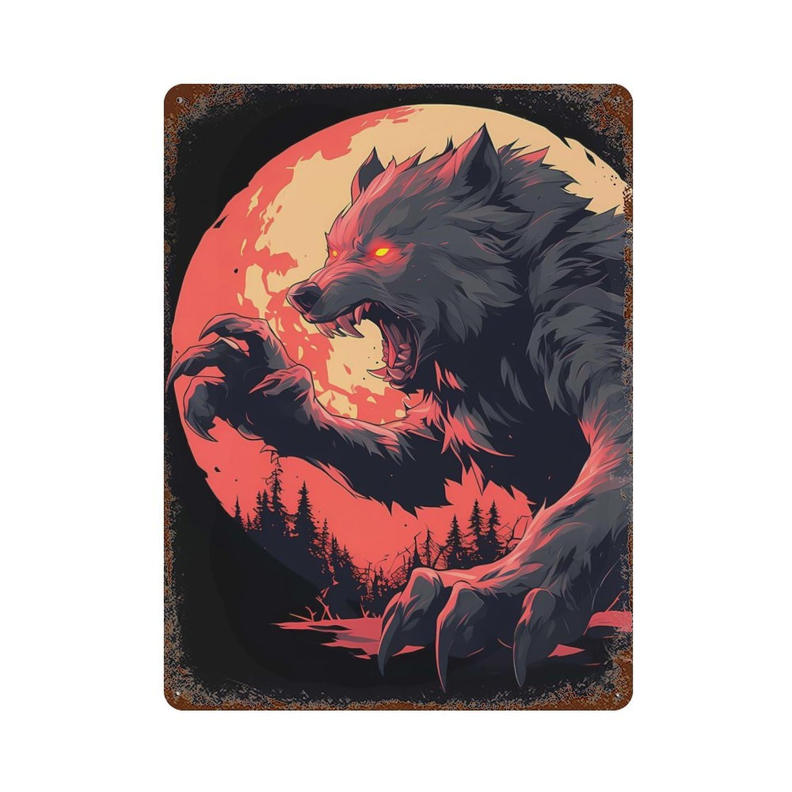 Vintage Rust Metal Sign Fearsome Werewolf Howling at The Moon 15.7"x11.8", Novelty Wall Decor for Garage, Bar And Workshop Decor