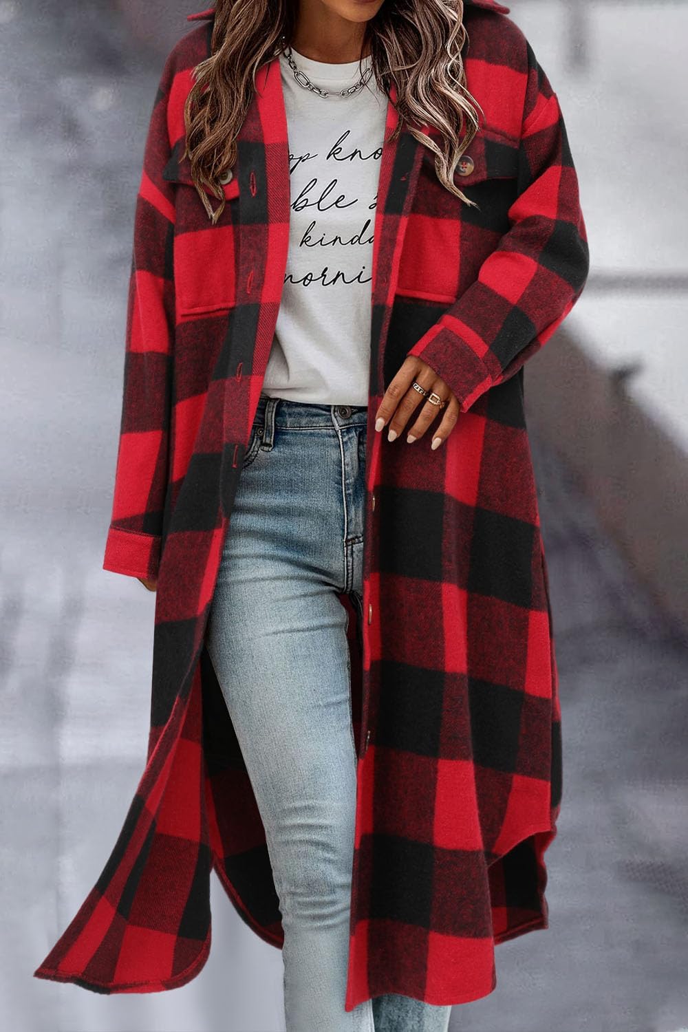 CHICZONE Womens Plaid Shacket Jacket Long Corduroy Shirt Casual Lapel Button Down Flannel Trench Coats - Image 3