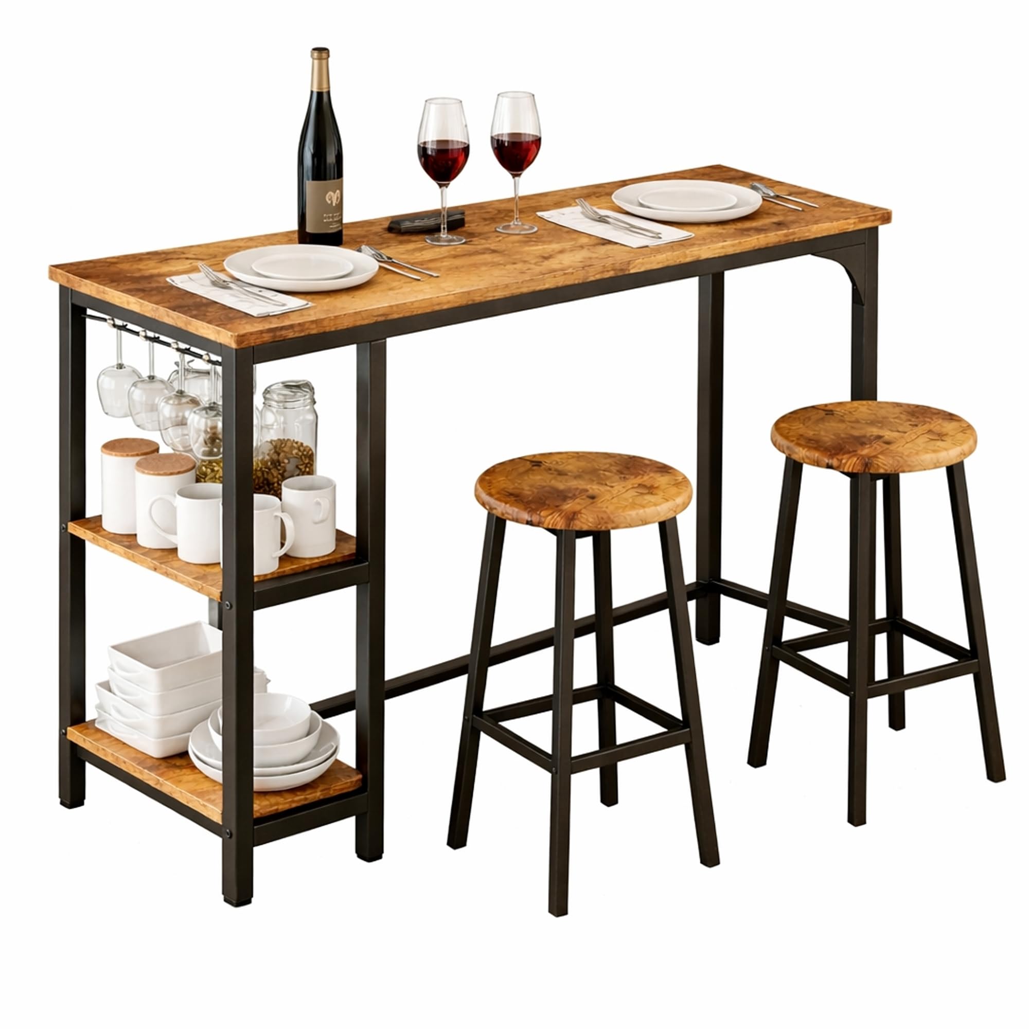 Bartisch mit 2 Hockern, 3-teiliges Bartisch Set, Küchentisch mit Ablage & Glashalter, Platzsparender Stehtisch für Küche, Wohnzimmer & kleine Räume, Industrial Vintage (Retro)
