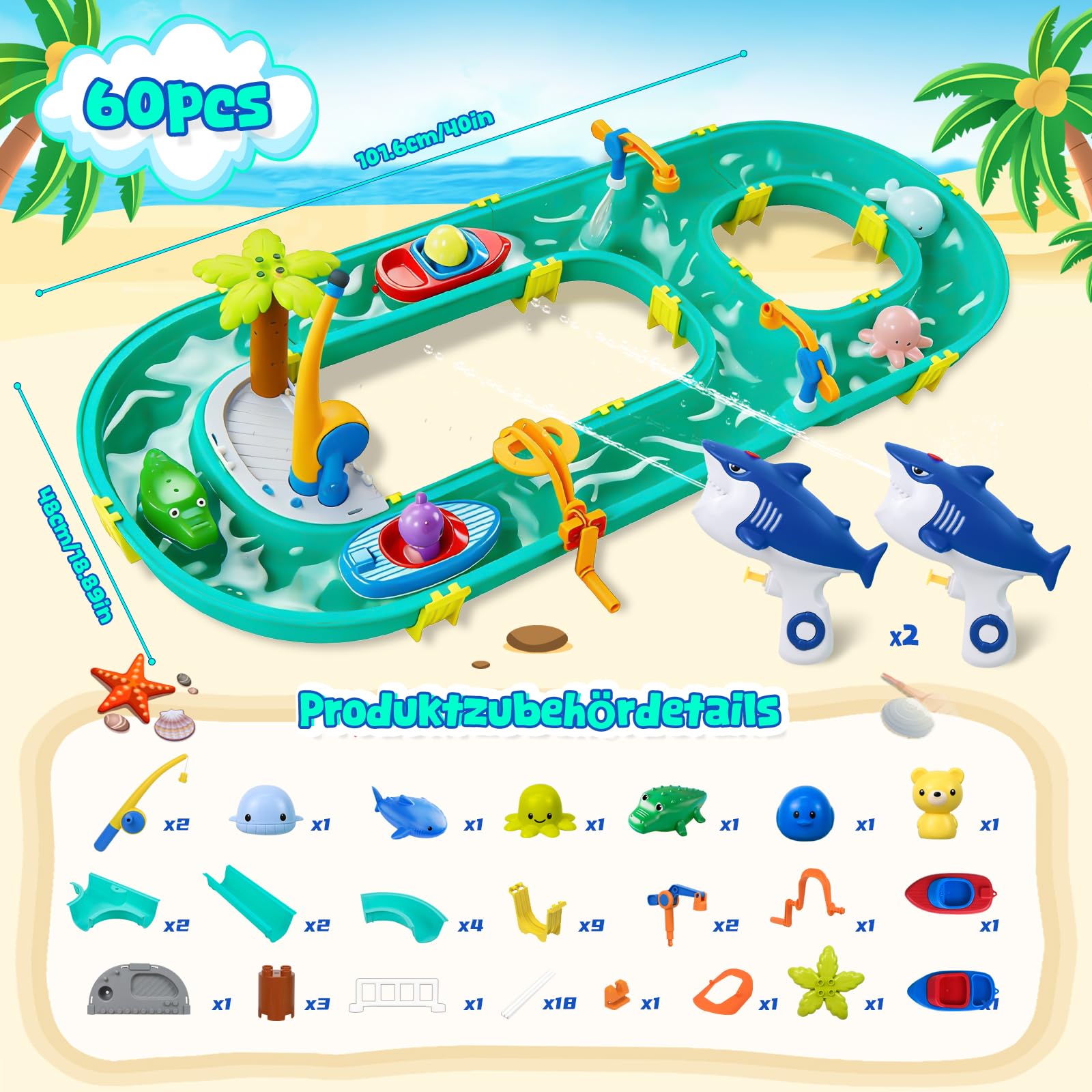 Joellfuner Pista de agua para niños al aire libre, set de juguete acuático 2 en 1 con botes, figuras de animales y pistolas de agua