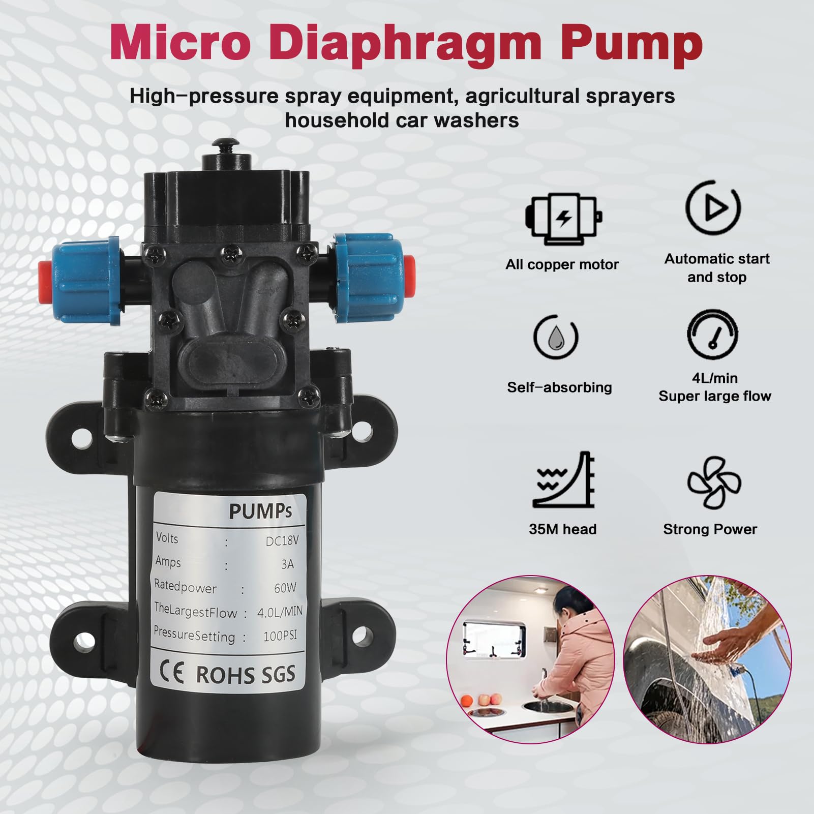 DeWin Pompe à Diaphragme 18V 60W - Pompe à Eau Haute Pression Auto-Amorçante 4L/Min