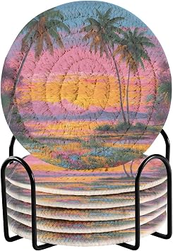 Tropical Palm Flower Field Coasters Set of 6 Woven Absorbent Drink Coasters with Holder Heat Resistant Cup Coasters for Table Desk Office Home