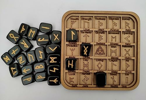 Nirdesh Juego de piedras rúnicas de obsidiana con runas de cristal, piedras preciosas vikingas de élder futhark para reiki, curación dorada,