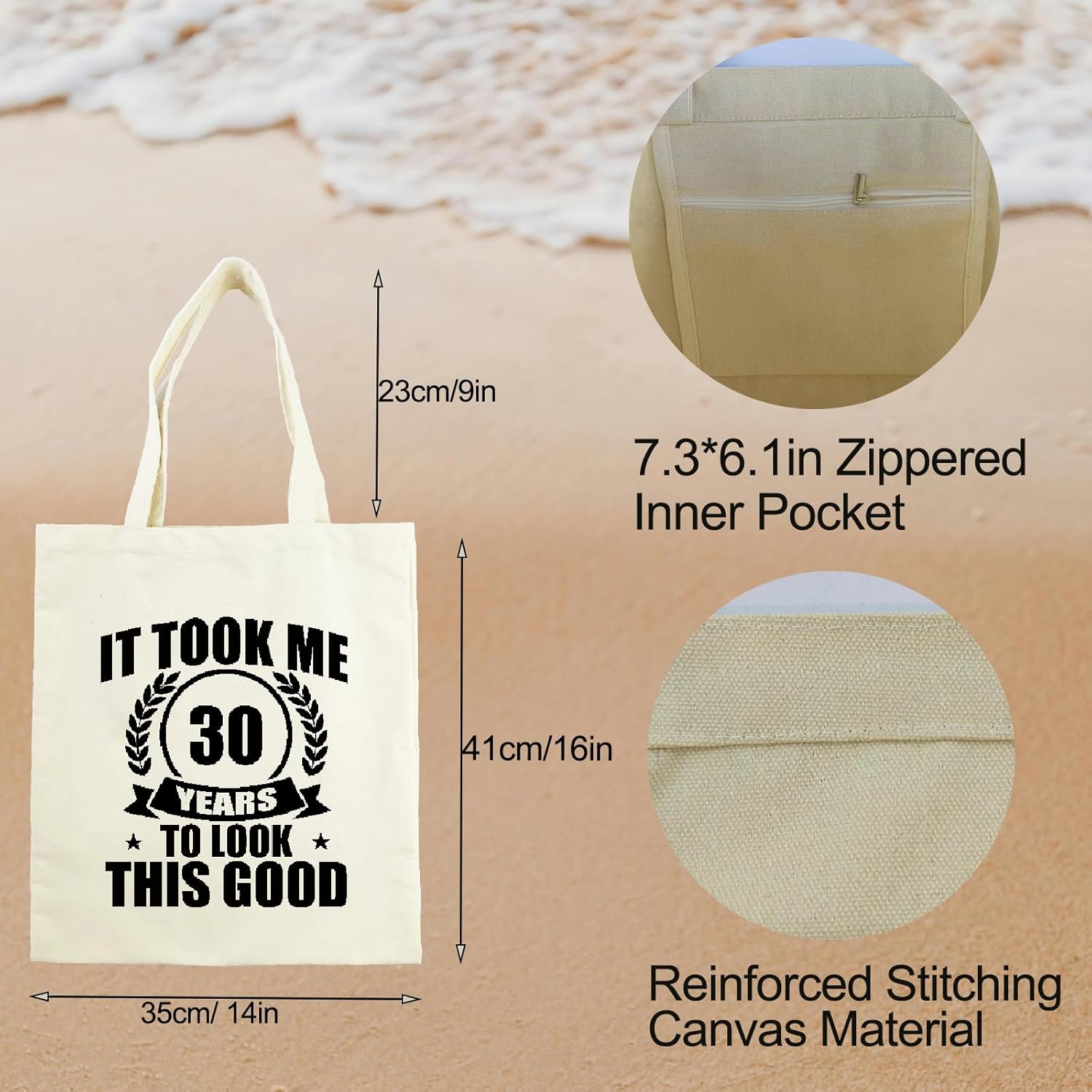 30th 40th 50th 60th 70th Birthday Gifts for Women, Reusable Canvas Tote Bag with Pocket for Mom Shopping Travel - Image 6