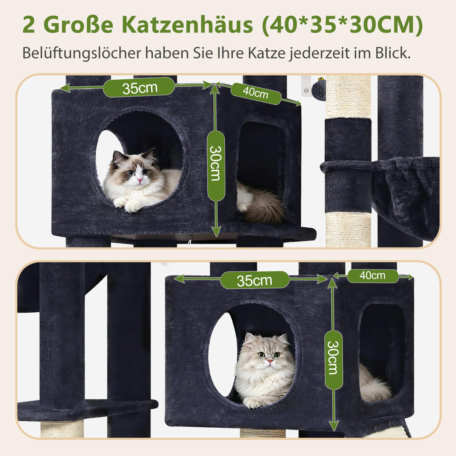 Globlazer S72E Kratzbaum Groß XXL hoch 180 cm für 2-6 Große Katzen Breit | Stabil Katzenbaum mit mit 2 Groß Plattformen, 2 Katzenhaus, 2 Korb, Sisal Kratzbrett, für Groß Katze Ausruhen Spielen Kratzen