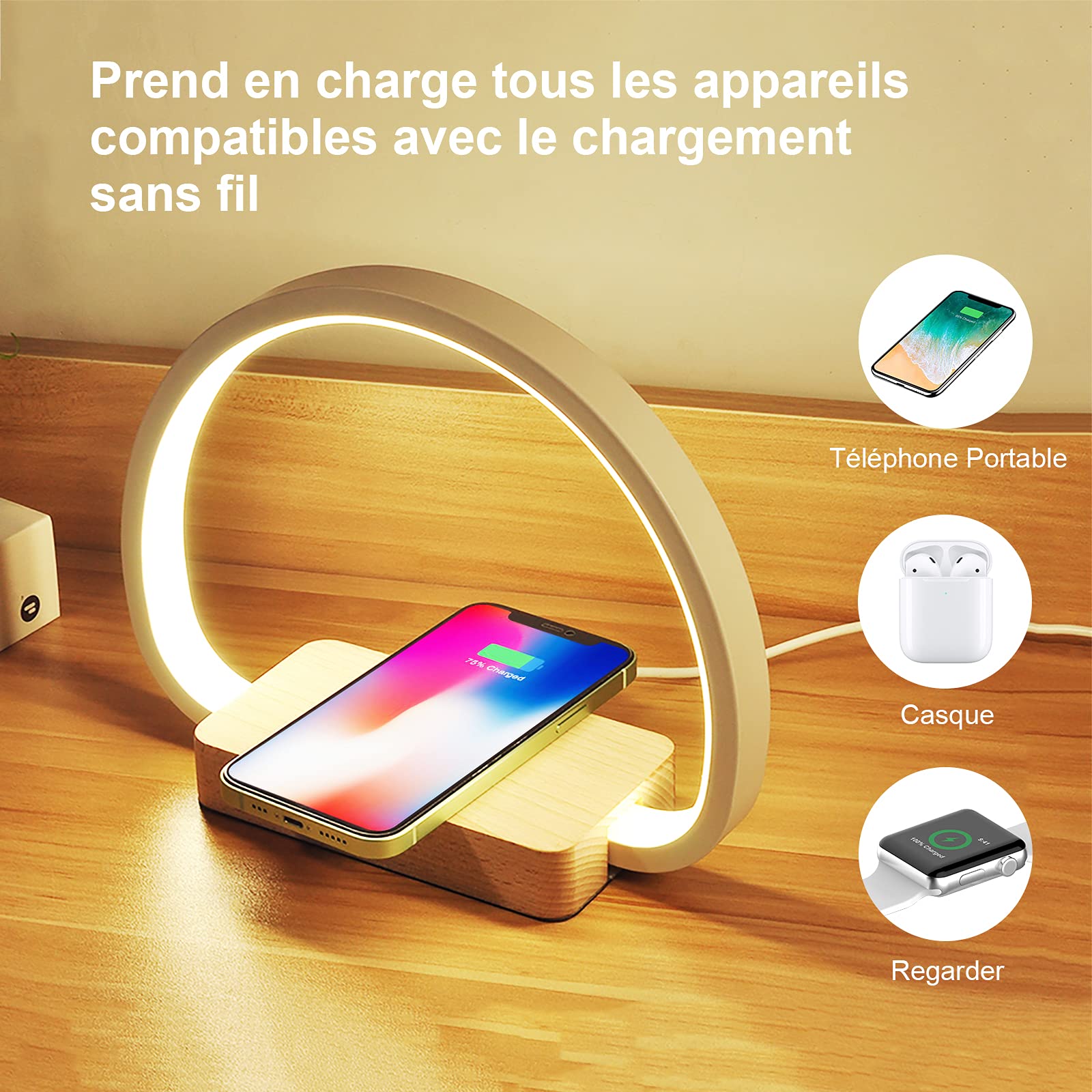 Lámpara de noche con cargador inalámbrico, lámpara de mesa táctil con puerto USB, lámpara de escritorio LED con 3 niveles de luminosidad y escalada continua para lectura, salón, oficina