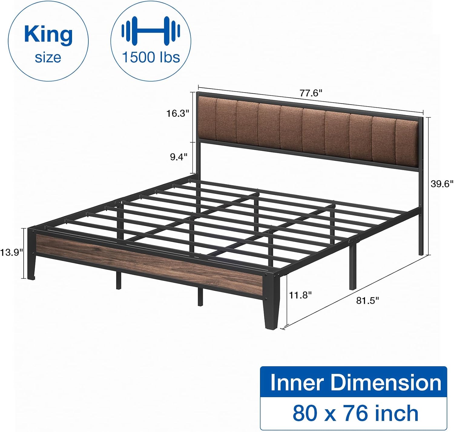 King Size Bed Frame with Headboard and Storage Fabric Upholstered Headboard 26 Inch Heavy Duty Metal Platform Bed with Underbed Storage Space Steel Slat Support Anti-Slip Easy Assembly, Brown