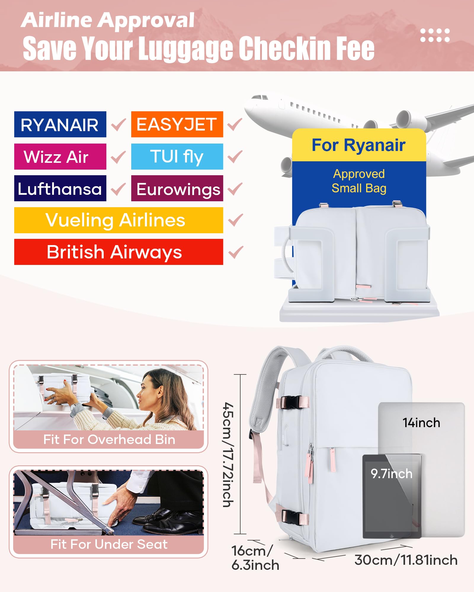 SZLX Zaino A Vuoto Bagaglio A Mano Donna, Zaino Airbag Con Sistema Di Vuoto Per Viaggi, Ryanair Viaggio Ruscksack Dimensione Cabina Con Pompa Impermeabile Uomo Valigia A Vuoto