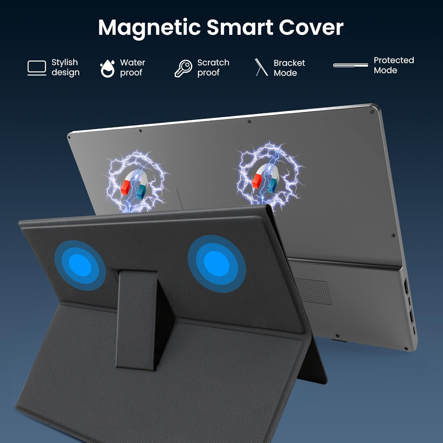 Close-up of the FANGOR Portable Monitor's magnetic smart cover, highlighting its protective features.