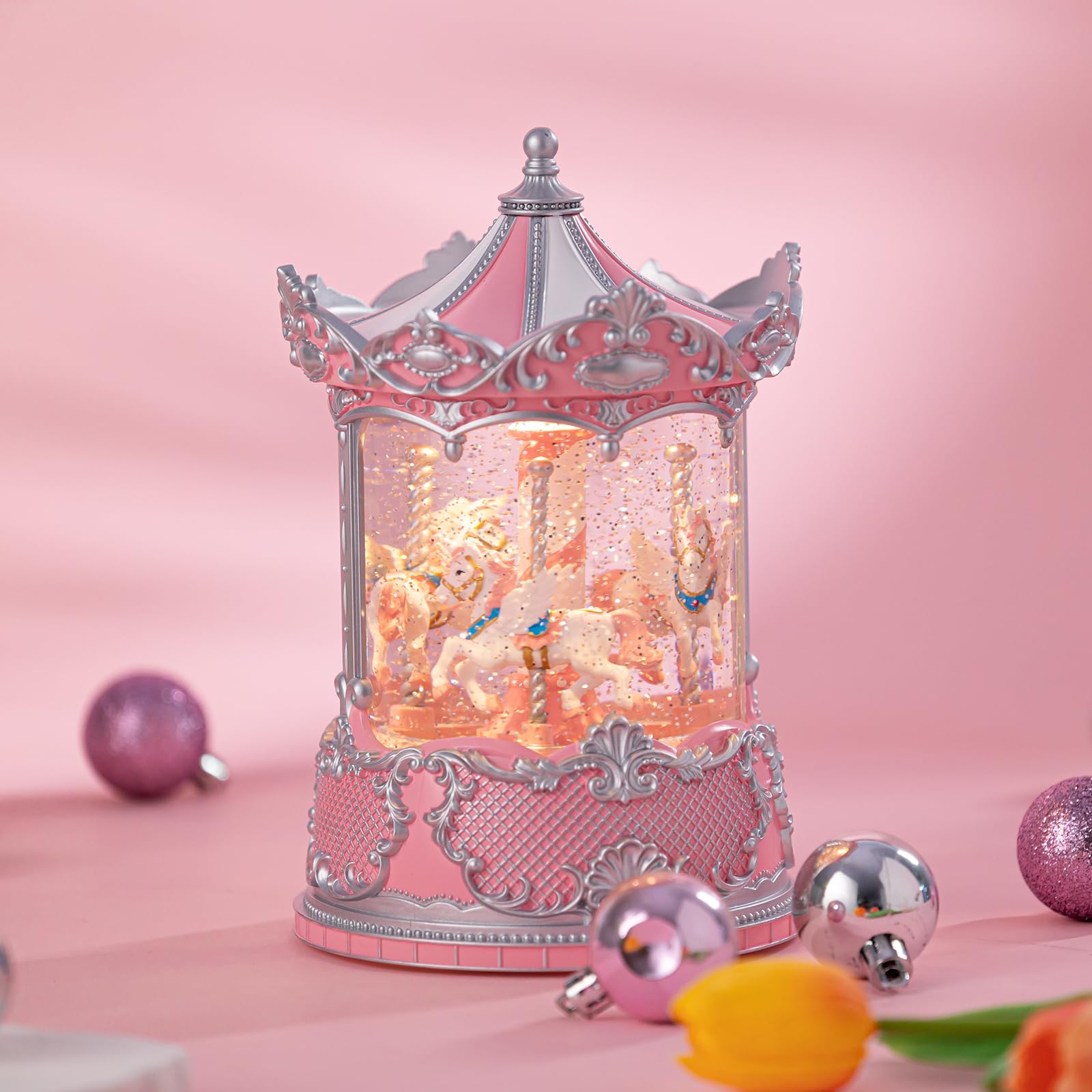 Photo 1 of **DOESNT SPIN**Snow Globe Lantern with Carousel–Shatterproof Glitter Snowglobe 10 Songs Music Box Led Light, USB&Battery Powered, Merry-Go-Round for Spring Day Gifts Birthday Home Decor Decoration Pink