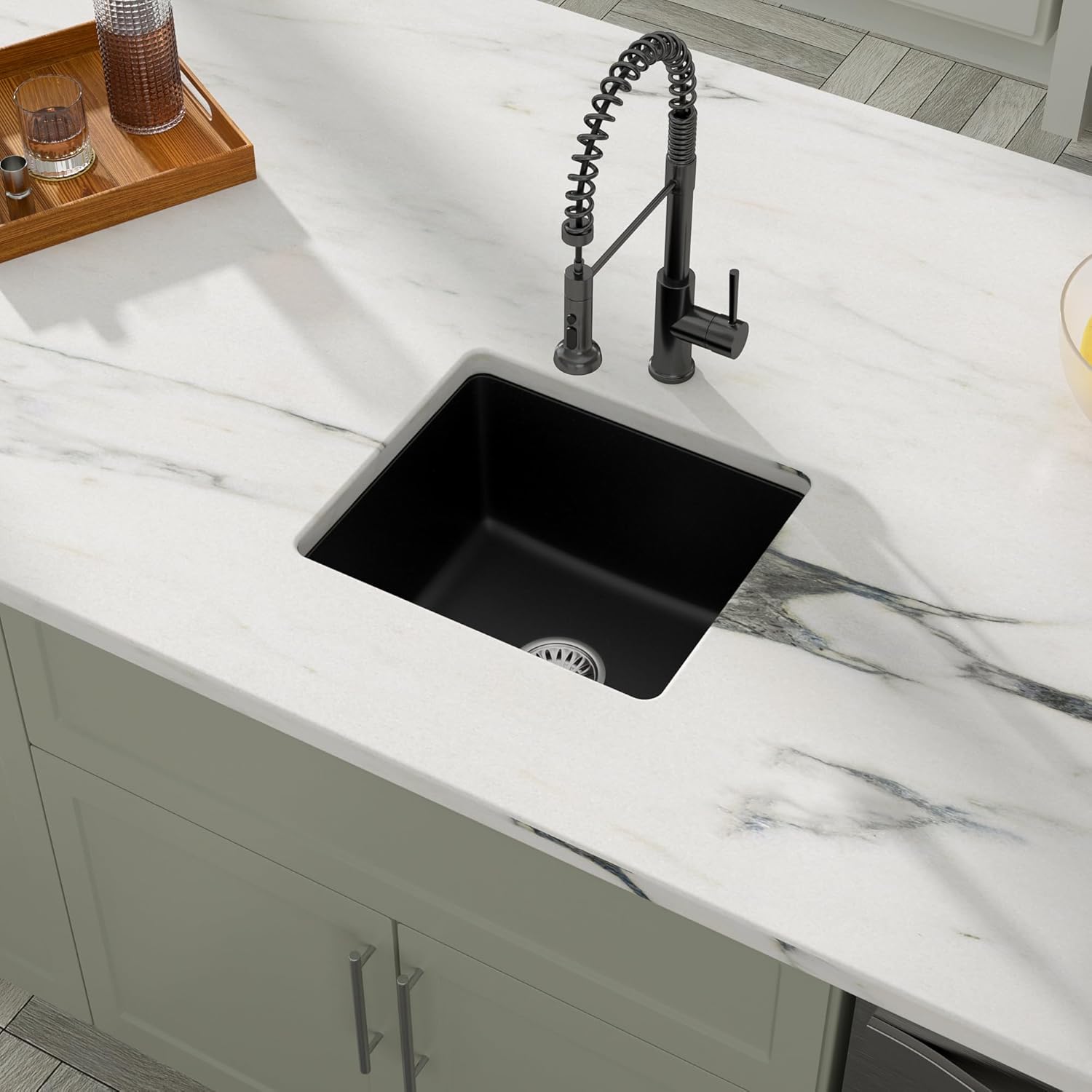 Dcolora 15 Inch Granite Composite Black Bar Sink Undermount Small Kitchen Sink Quartz Prep RV Single Bowl Under Counter Basin DC-GU7745