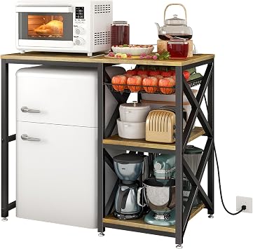METYERRY Mini Fridge Cabinet with Power Outlet,Coffee Bar Storage,Brown | Adjustable Shelves,Mesh Basket,Mini Fridge Stand,Microwave Stand,Suitable for Office,Kitchen,Living Room