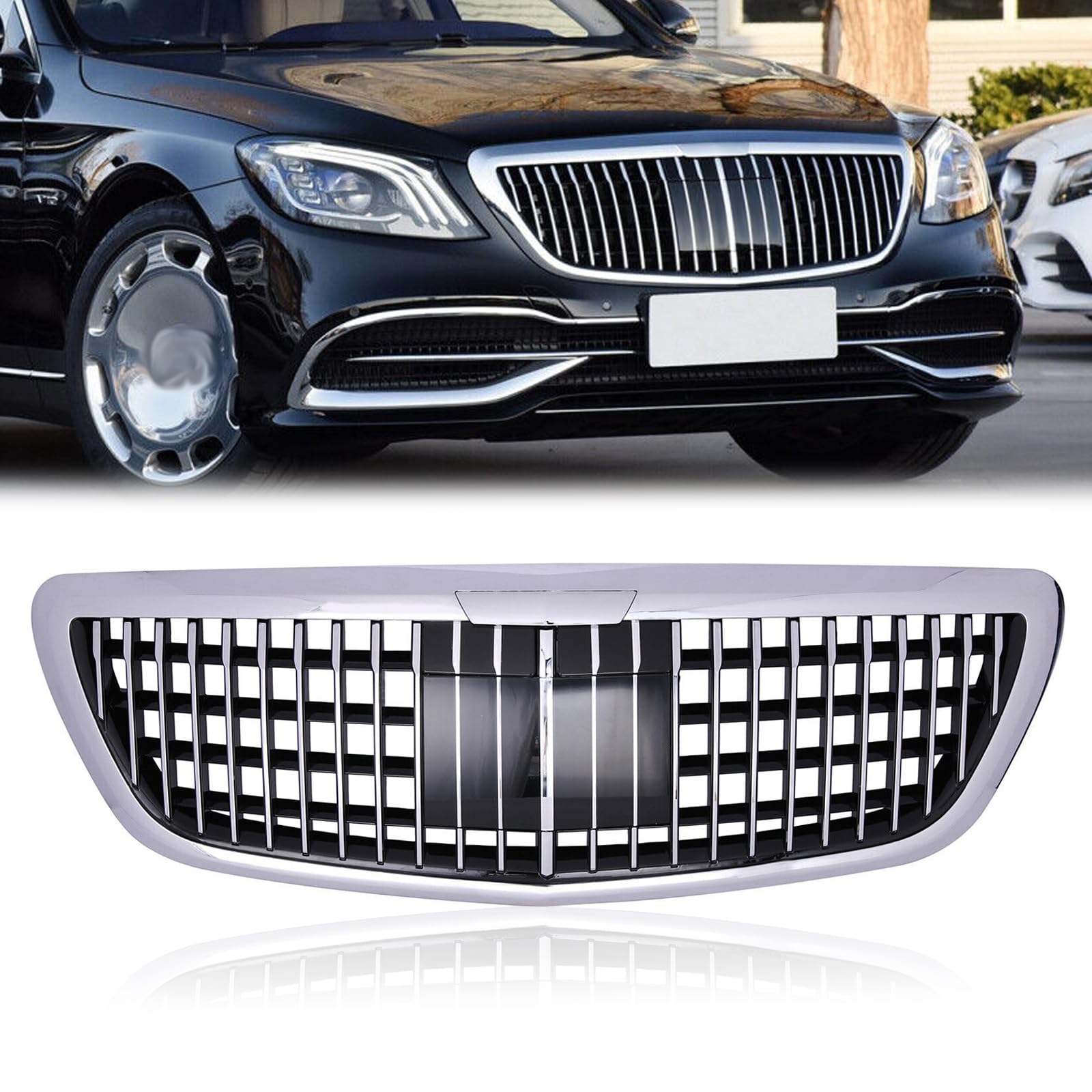 Front Grille Maybach Style Compatible with 2013-2020 Mercedes S class W222 S400 S550 Chrome