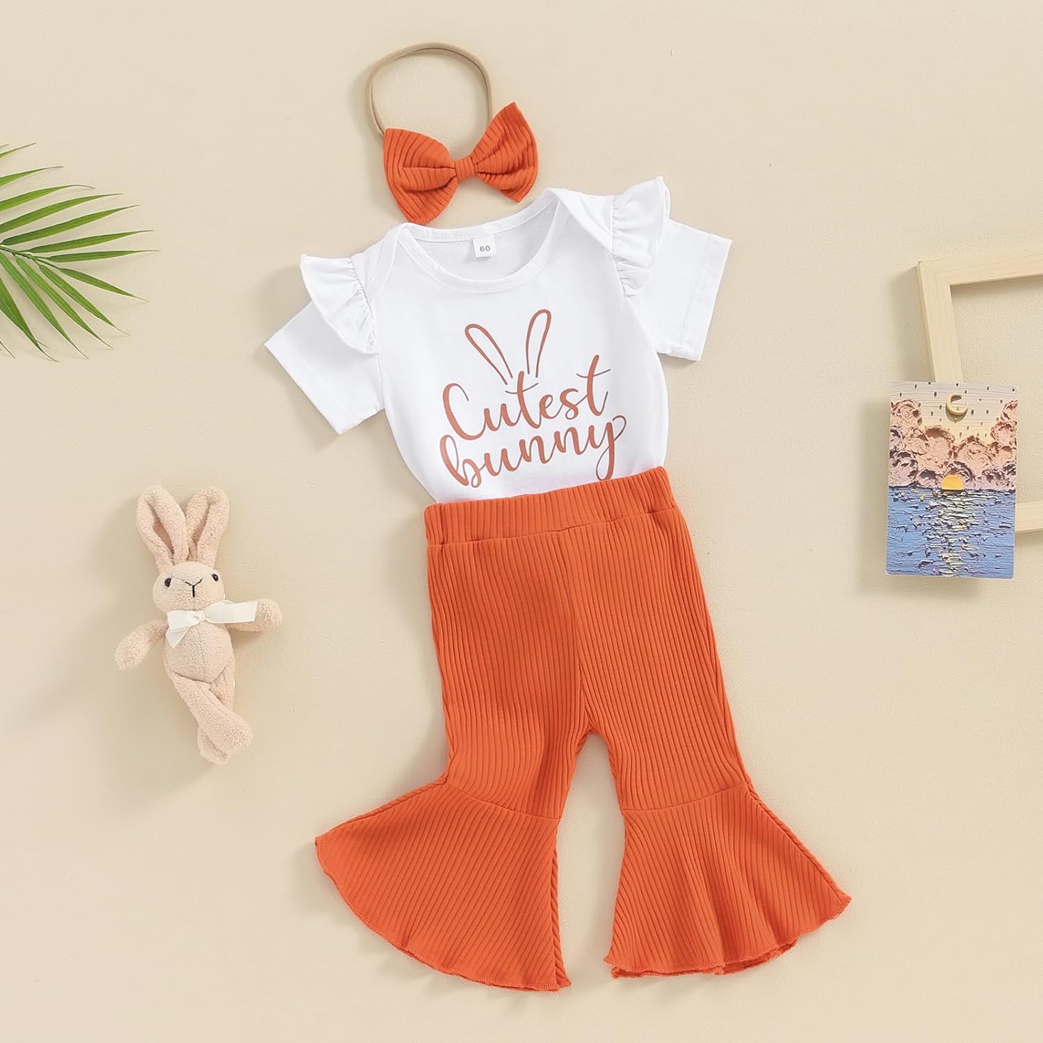 Newborn Baby Girl Easter Outfit Bunny Print Short Sleeve Romper Bodysuit Pompon Bell Bottoms Set With Headband - Image 2