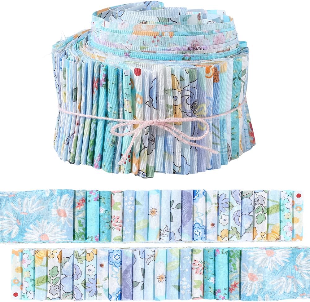 GORGECRAFT 40Pcs Cotton Quilting Strips 39 x 2.6 Inch Blue Floral Quilting Fabric Jelly Rolls Chinoiserie Spring Summer Precut Patchwork for Blanket Rug Upholstery Home Decor Purse Crafts Making