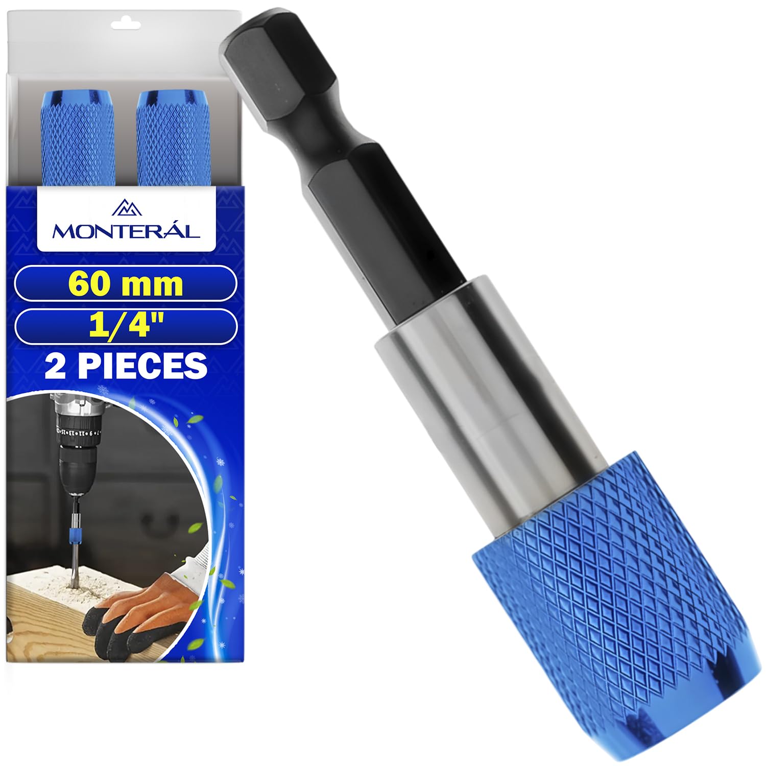 2 Pezzi Portainserti Magnetico 1/4" x 60 mm con Bloccante in Alluminio per Inserti - Porta Inserti Universale per Trapano e Avvitatore - Realizzato in Acciaio al Cromo Vanadio - MONTERAL