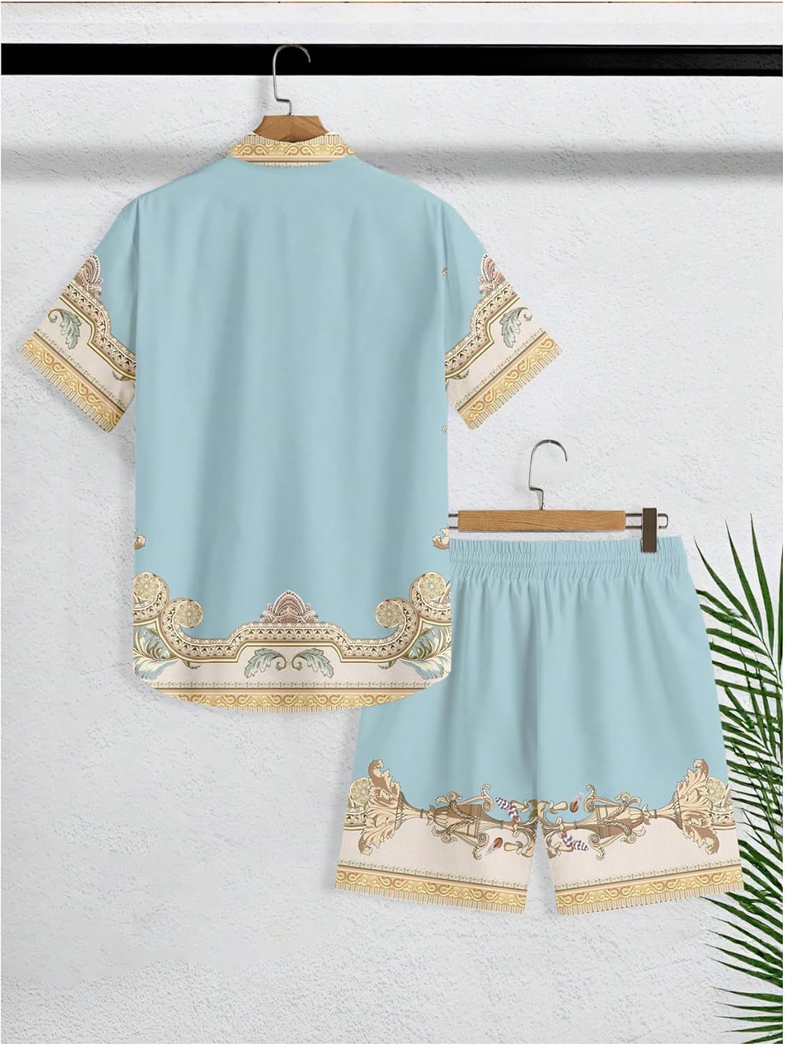BEAUDRM Men's 2 Piece Beach Vacation Outfits Printed Short Sleeve Button Up Shirts and Drawstring Shorts Cruise Wear