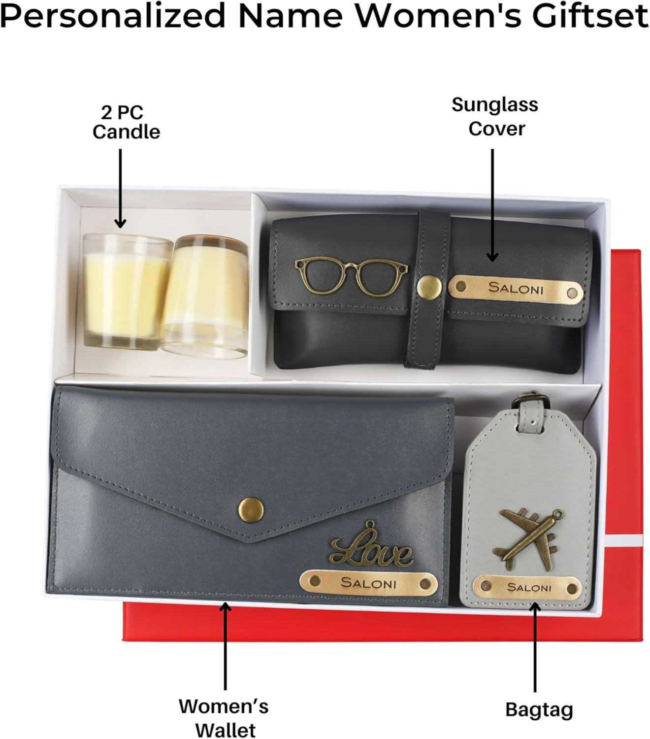 Personalized Name & Charm Leather Womens Combo Giftset|Women's Scented Candle & Leather Giftset for Diwali Gifts for Women,Friends,Family|Diwali Home Decor Hamper with Candles (Grey)