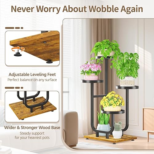 Miniatura 4 de LASZOLA Soporte de plantas negro de 4 niveles alto de metal para interiores, soporte grande y resistente para macetas, estante organizador para