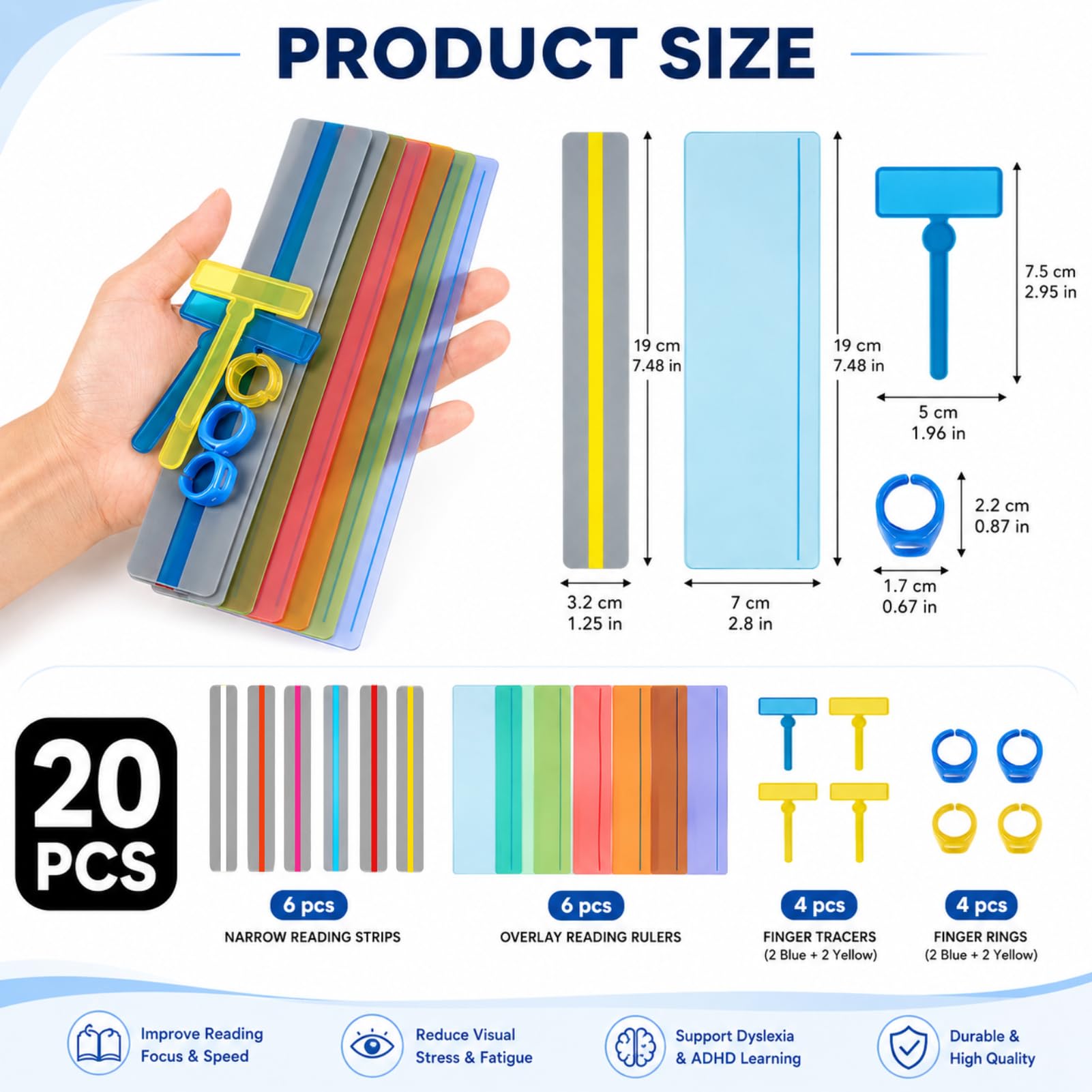 16 Piezas Tiras de Lectura Guiada, Incluir Regla de Seguimiento, Brazalete para Dislexia, Rastreador de Dedos, Varios Colores, para Facilitar la Lectura, Aliviar Estrés Visual