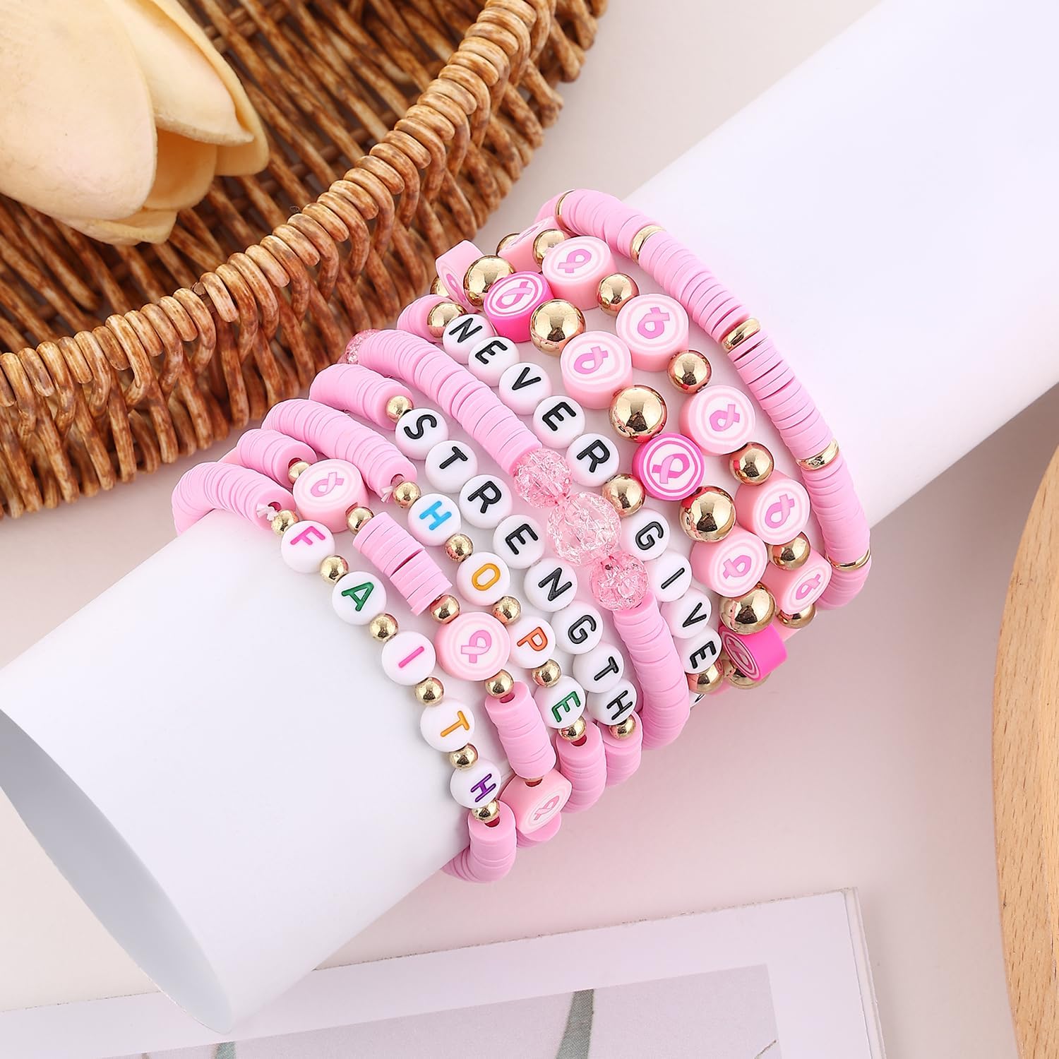 𝐇𝐞𝐢𝐬𝐡𝐢 𝐁𝐞𝐚𝐝𝐞𝐝 𝐒𝐭𝐫𝐞𝐭𝐜𝐡 𝐁𝐫𝐚𝐜𝐞𝐥𝐞𝐭𝐬 for Women Teen Girls St.Patrick's Day Valentine's Day Christmas Breast Cancer Bracelets Stackable Polymer Clay Beads Bracelets Friendship Boho Bracelets Jewelry Set - Image 2