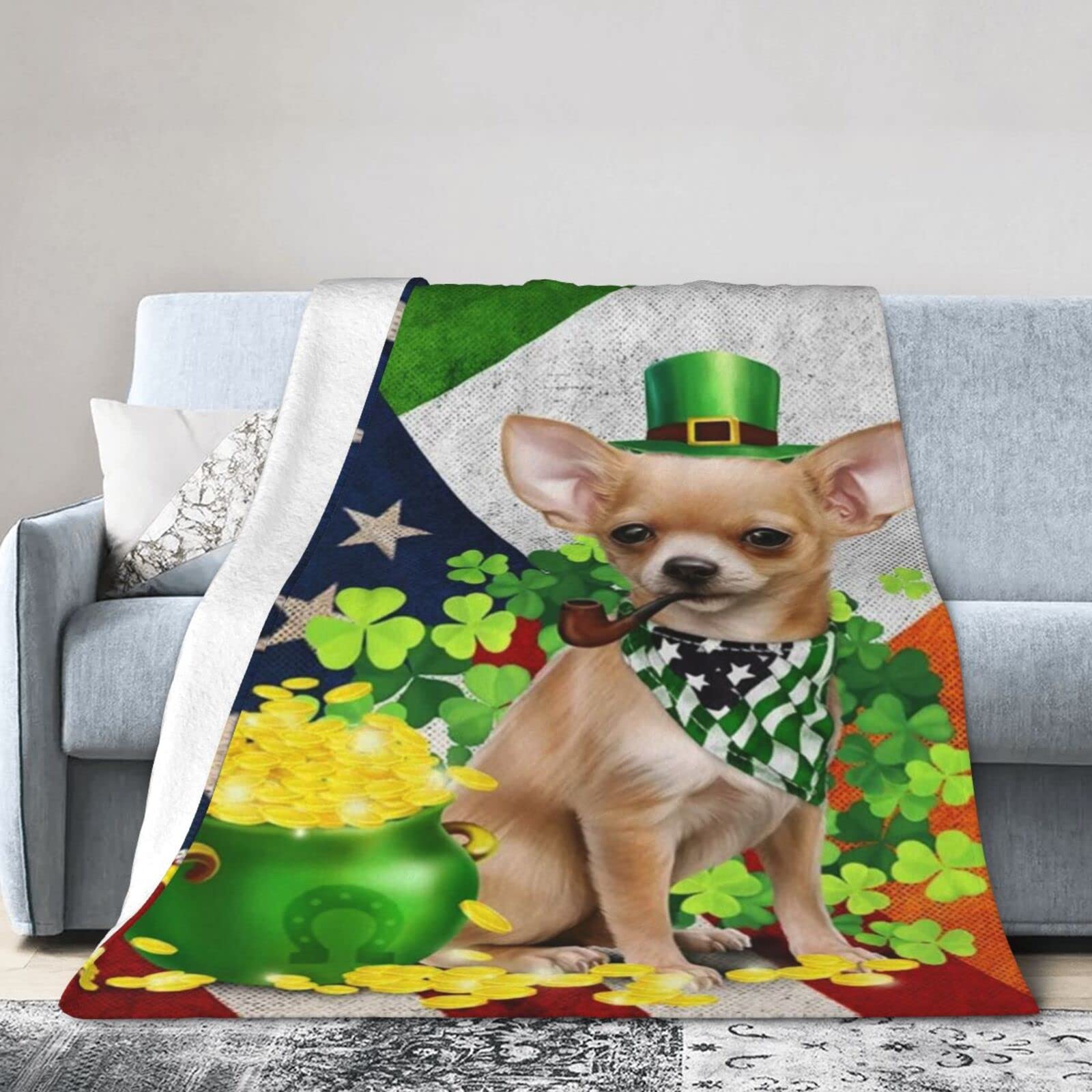 Lsjuee Flannel Fleece Blanket 50"X40" Chihuahua – Happy St. Patrick Day Sofa Throw Blanket Funny Ultra-Soft Travel Spring Blankets for Kids Keep Warm