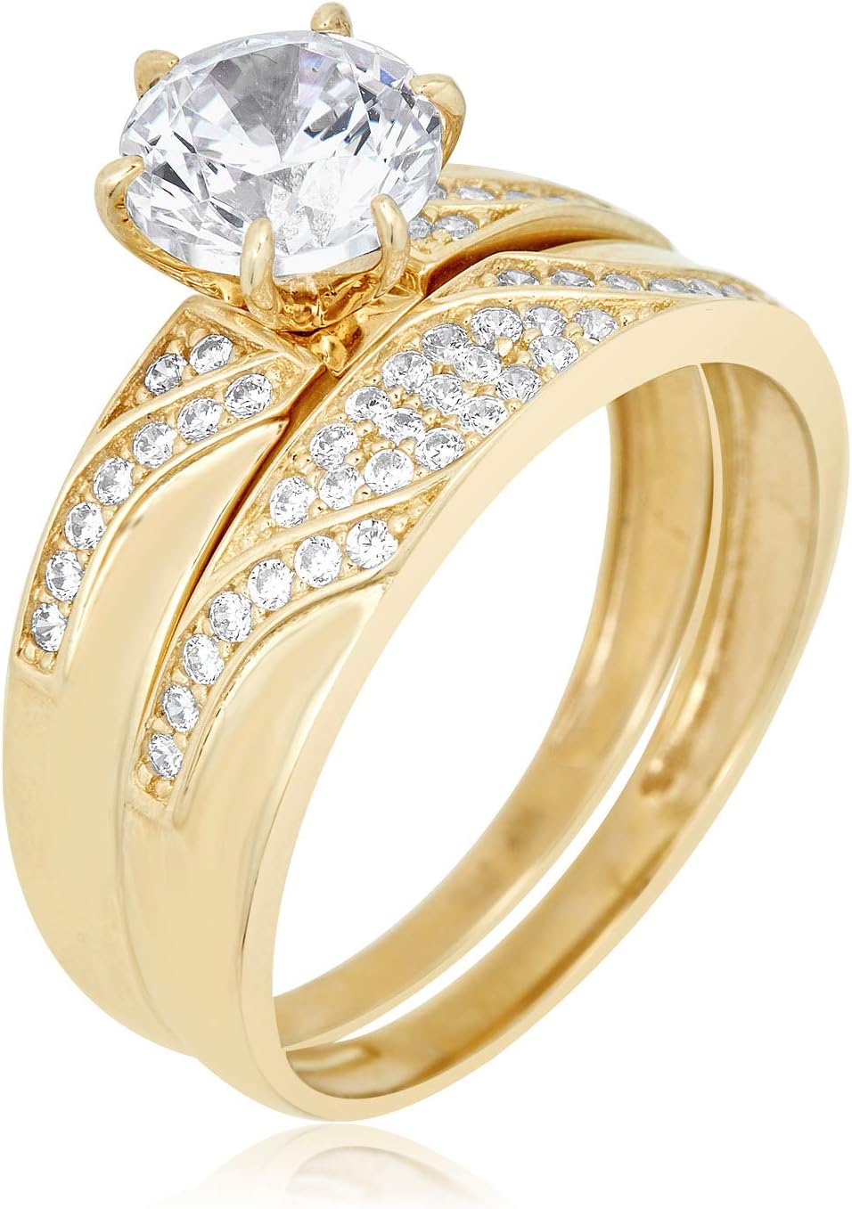 AVORA 10K Yellow Gold 1.25 Carat Simulated Diamond CZ Swirl Style Anniversary Bridal Engagement Wedding Band Ring Set