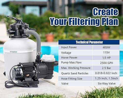 Miniatura 5 de Sistema de filtro de arena de 13" con bomba de piscina de válvula de 6 vías 2500 GPH fácil de usar para piscinas sobre el suelo
