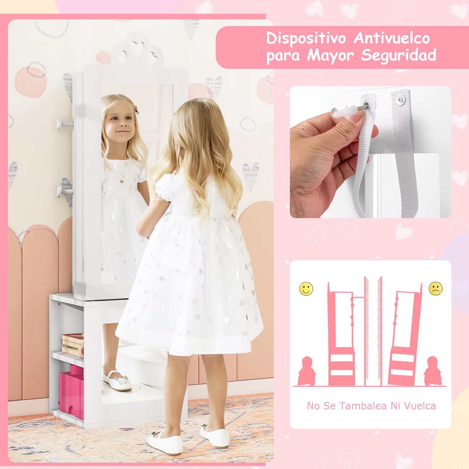COSTWAY Armario de Joyería para Niñas 3 en 1 con Espejo y Perchero, Blanco