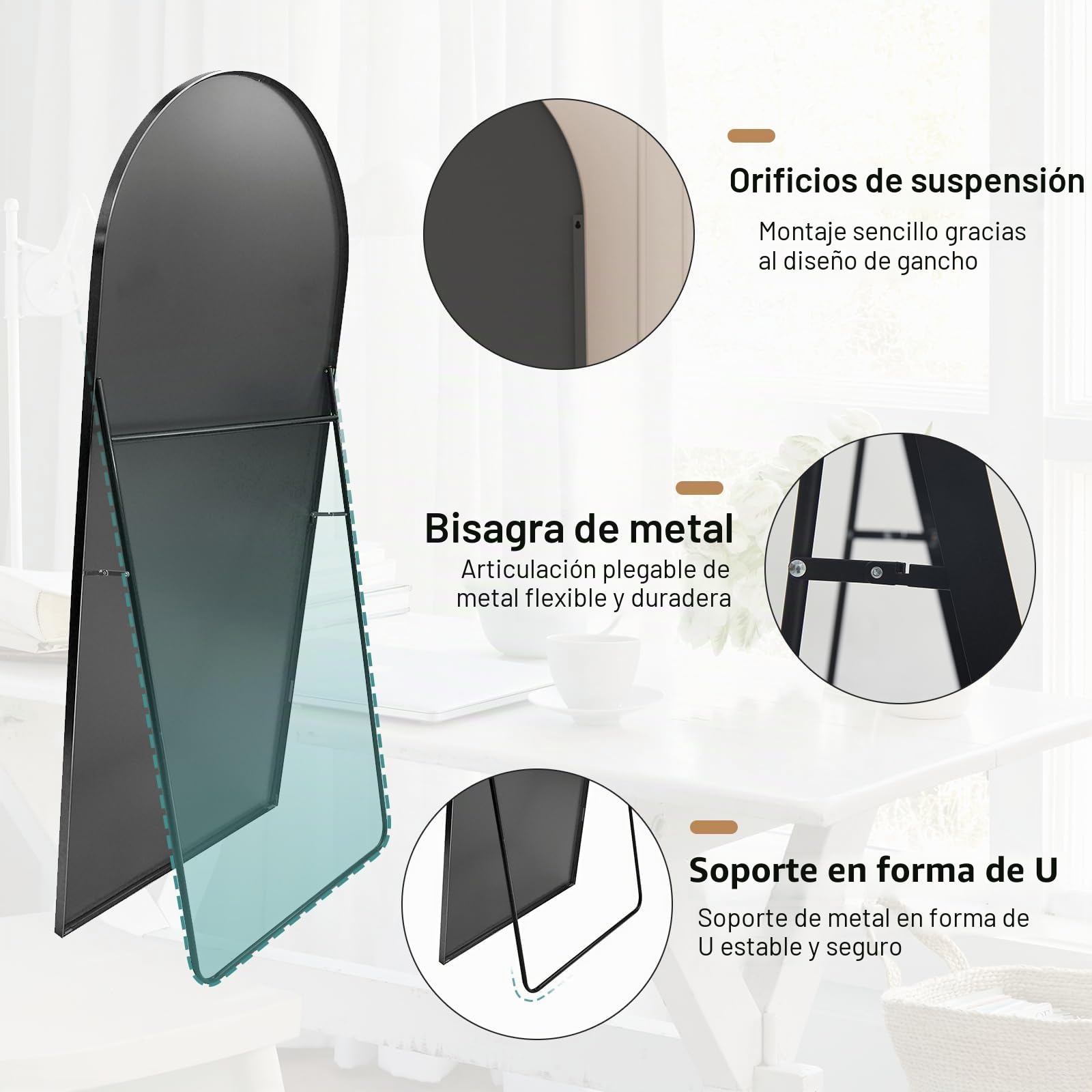 Espejo de cuerpo entero, 162 x 53 cm, curvado, negro, HD, espejo de pie con marco de aleación de aluminio, vidrio templado, espejo de pared grande para dormitorio, armario, sala de estar