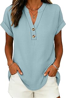 ANRABESS Womens Spring Tops 2026 Short Sleeve Shirts Henley Dressy Casual Blouses V Neck Fashion Tunics Trendy Flowy Clothing Light Green Blue M