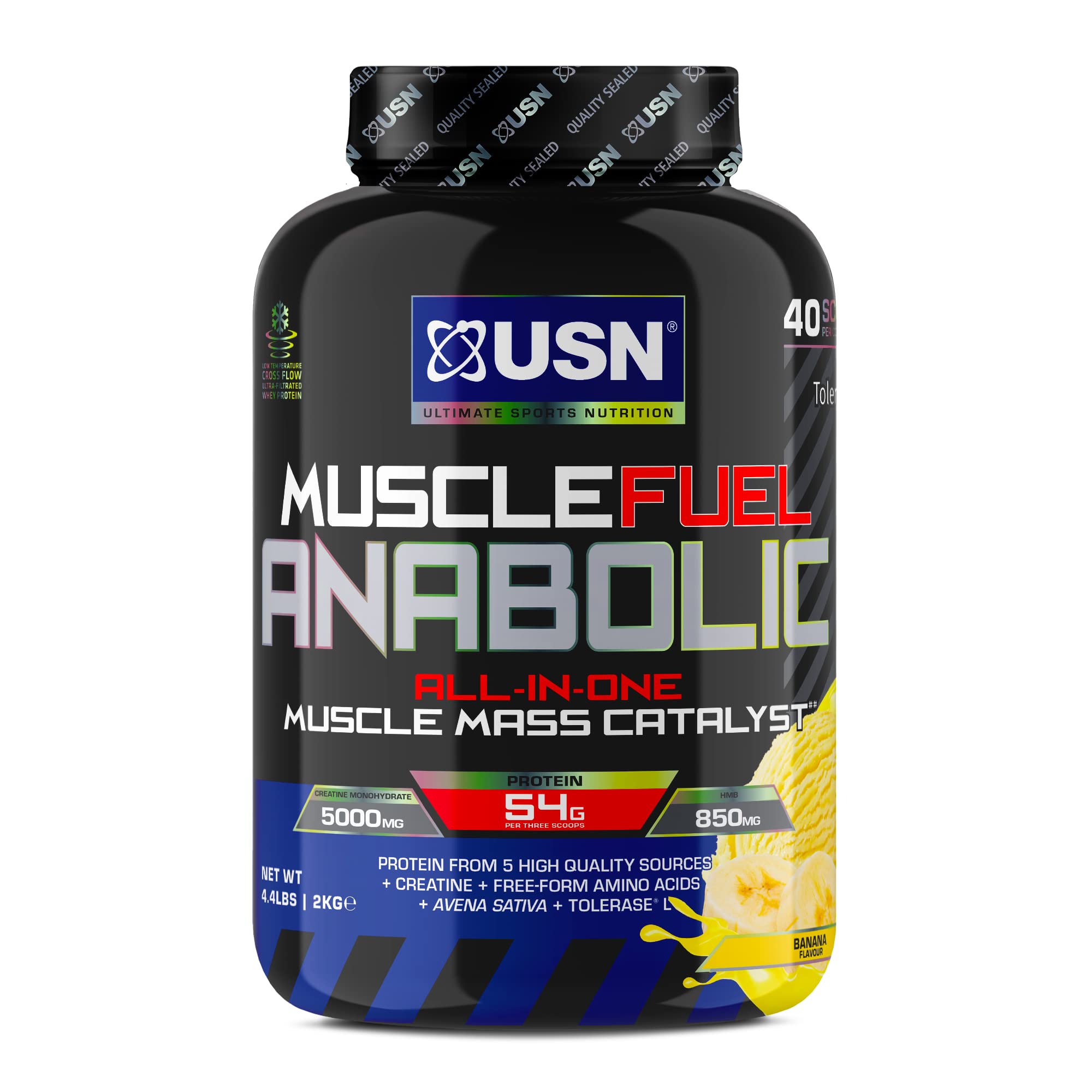 USN Muscle Fuel Anabolic Banana 2KG, Workout Boosting All in One Muscle Gain Protein Shake Powder